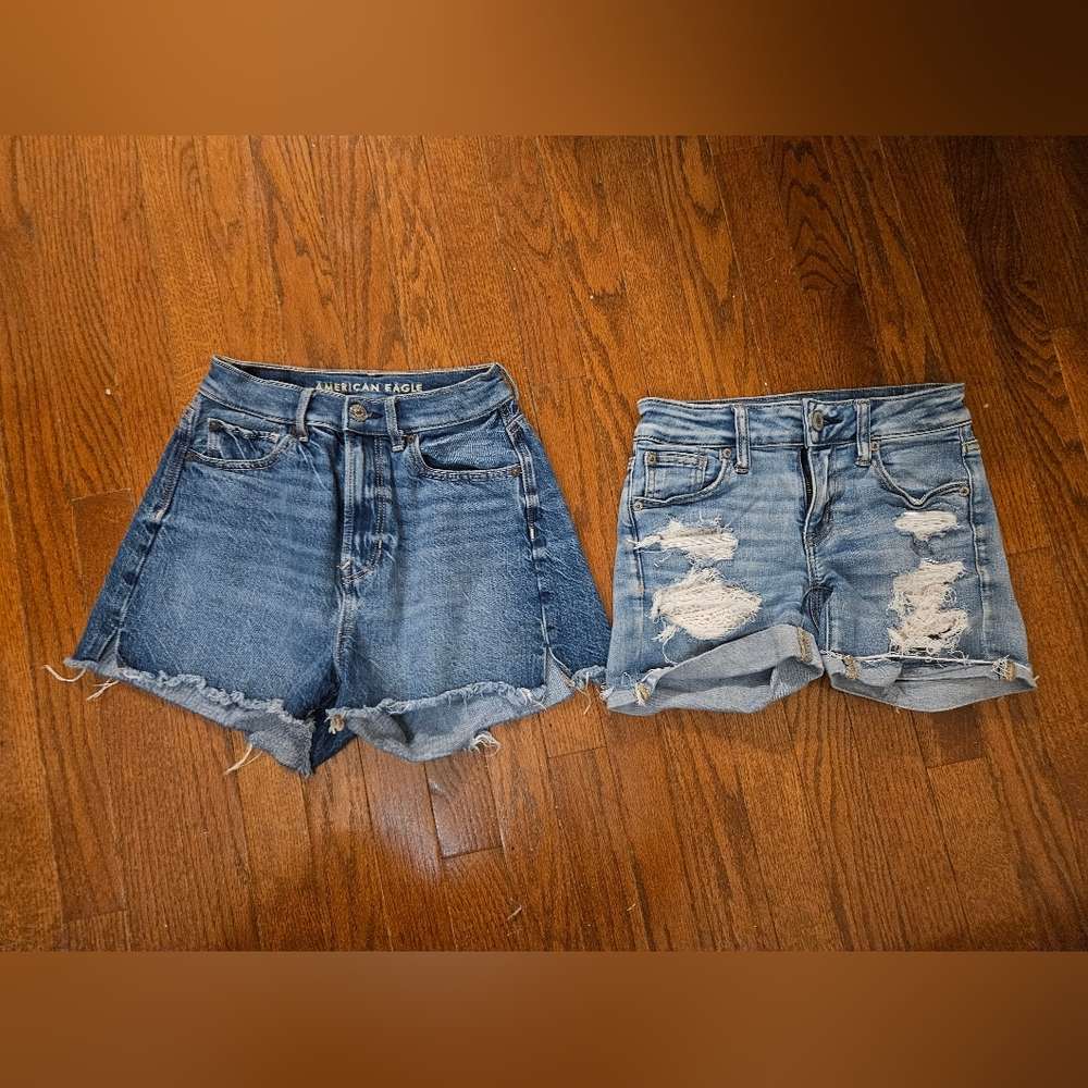 American Eagle Women's Distressed Denim Blue Jean Cutoff Shorts, Sz 0, Lot of 2